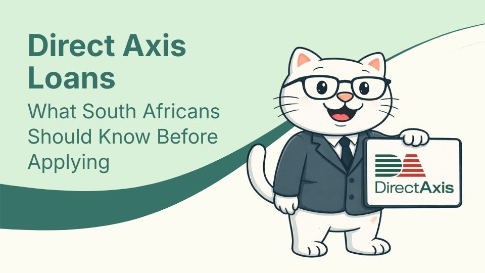 Flat vector illustration of cat holding a sign for direct axis loans in south africa.
