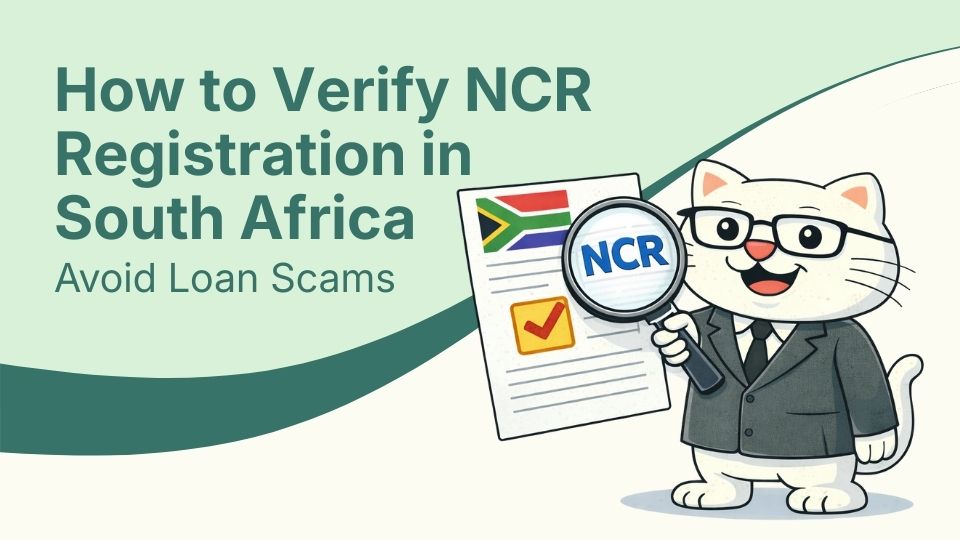 Flat vector illustration of cat holding an ncr document in south africa