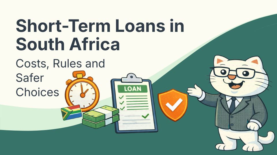Flat vector illustration of cat looking for short-term loans in south africa.