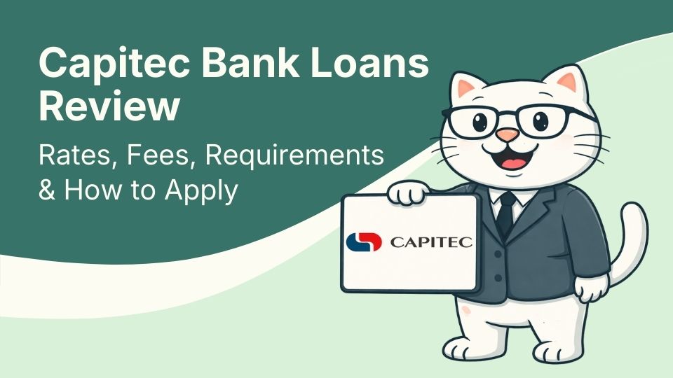 Flat vector illustration of cat holding a sign with capitec bank logo in south africa.