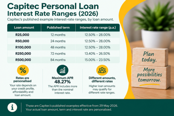 Capitec personal loan interest rate ranges for 2026