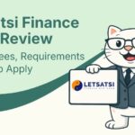 Flat vector illustration of cat holding a sign with letsatsi finance logo in south africa.