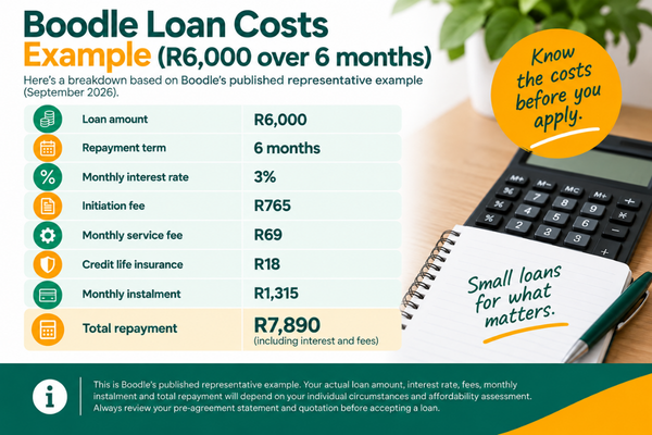 Boodle Loan Costs Example - Boodle r6,000 loan repayment cost example