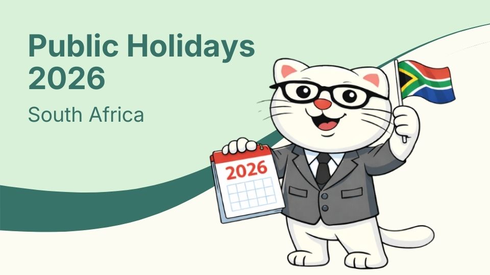 Flat vector illustration of cat holding a 2026 calendar and a south african flag.