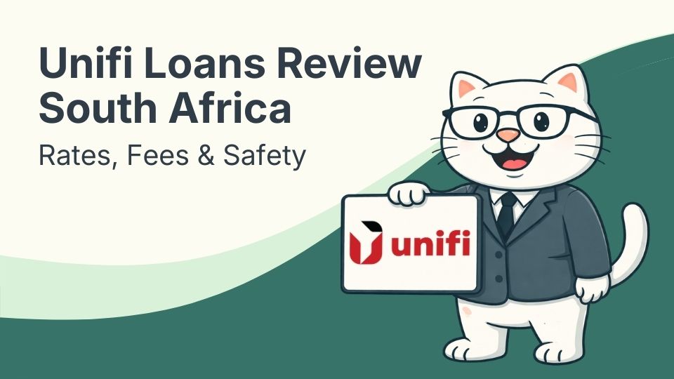 Flat vector illustration of cat holding a sign with unifi loans in south africa.