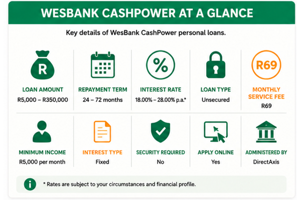 Wesbank cashpower personal loan amounts, rates and terms